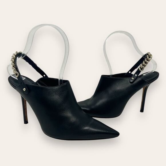 Jimmy Choo Lexx 100 Black Leather Gold Chain Slingback Heel Mules 36.5 Women’s - Picture 1 of 12